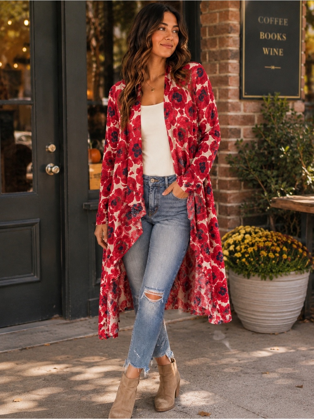 Garnet Hill Linen Cotton Floral Long Duster Cardigan Open Front Red